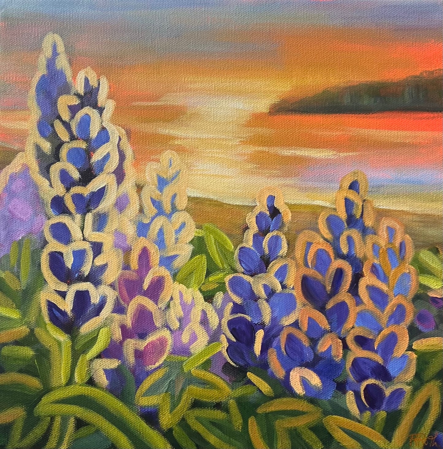 Raquel Roth - Sunset Lupins - Acrylic on canvas, sides painted solid dark green, gloss varnish.