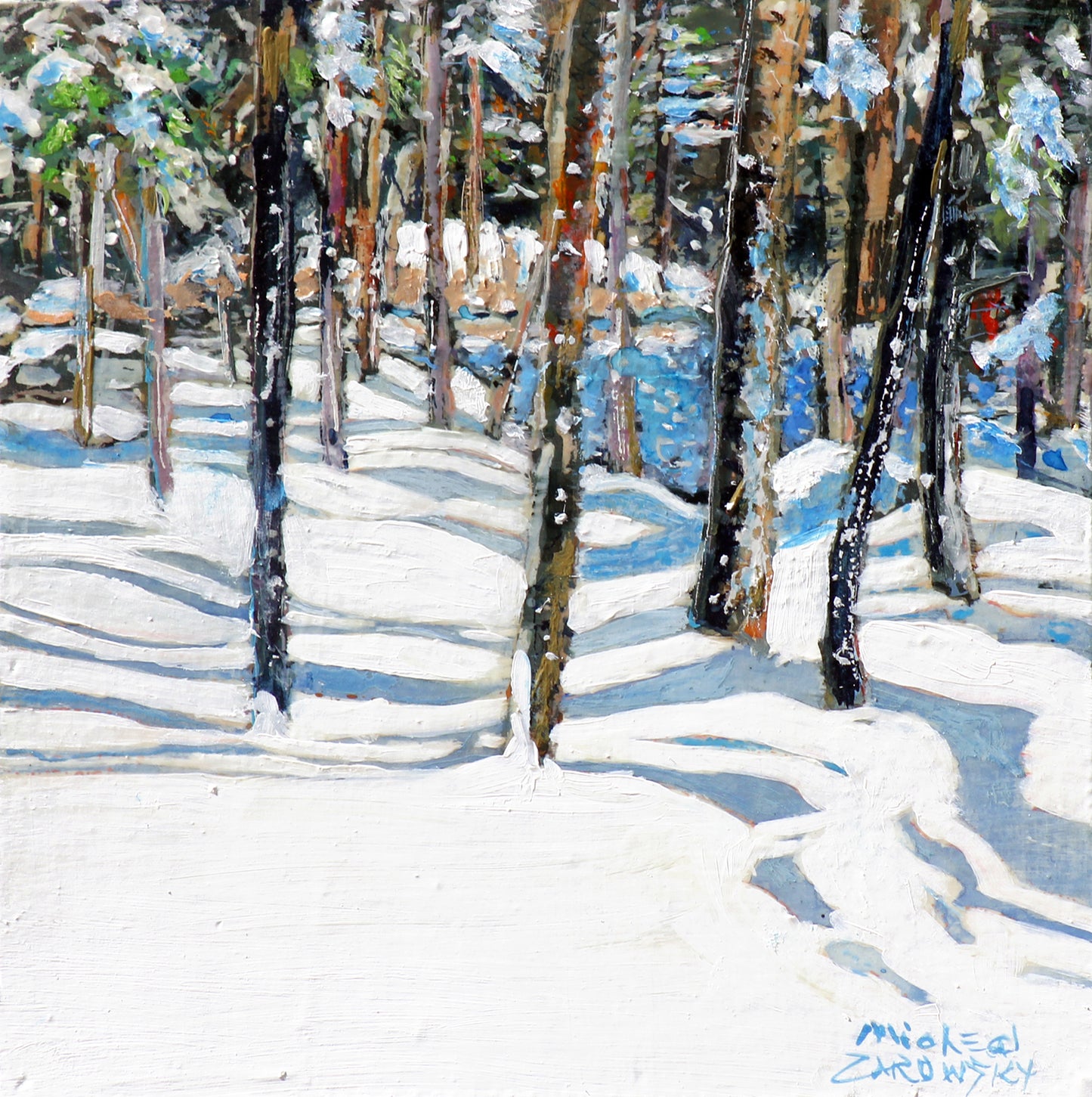 daylight with sparkles n shadows running alongside the winter pond by Micheal Zarowsky
