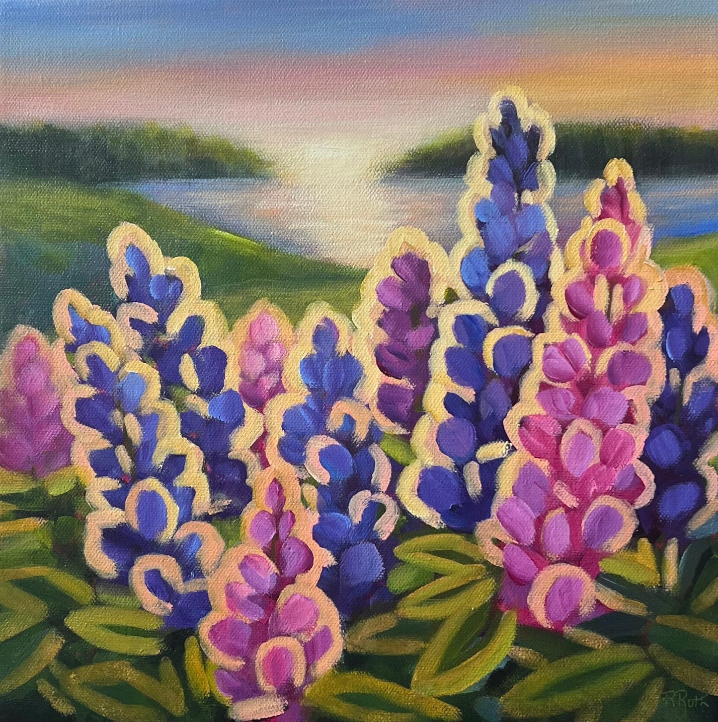 Raquel Roth - Late Afternoon Lupins - Acrylic on canvas, solid dark green sides, gloss varnish.