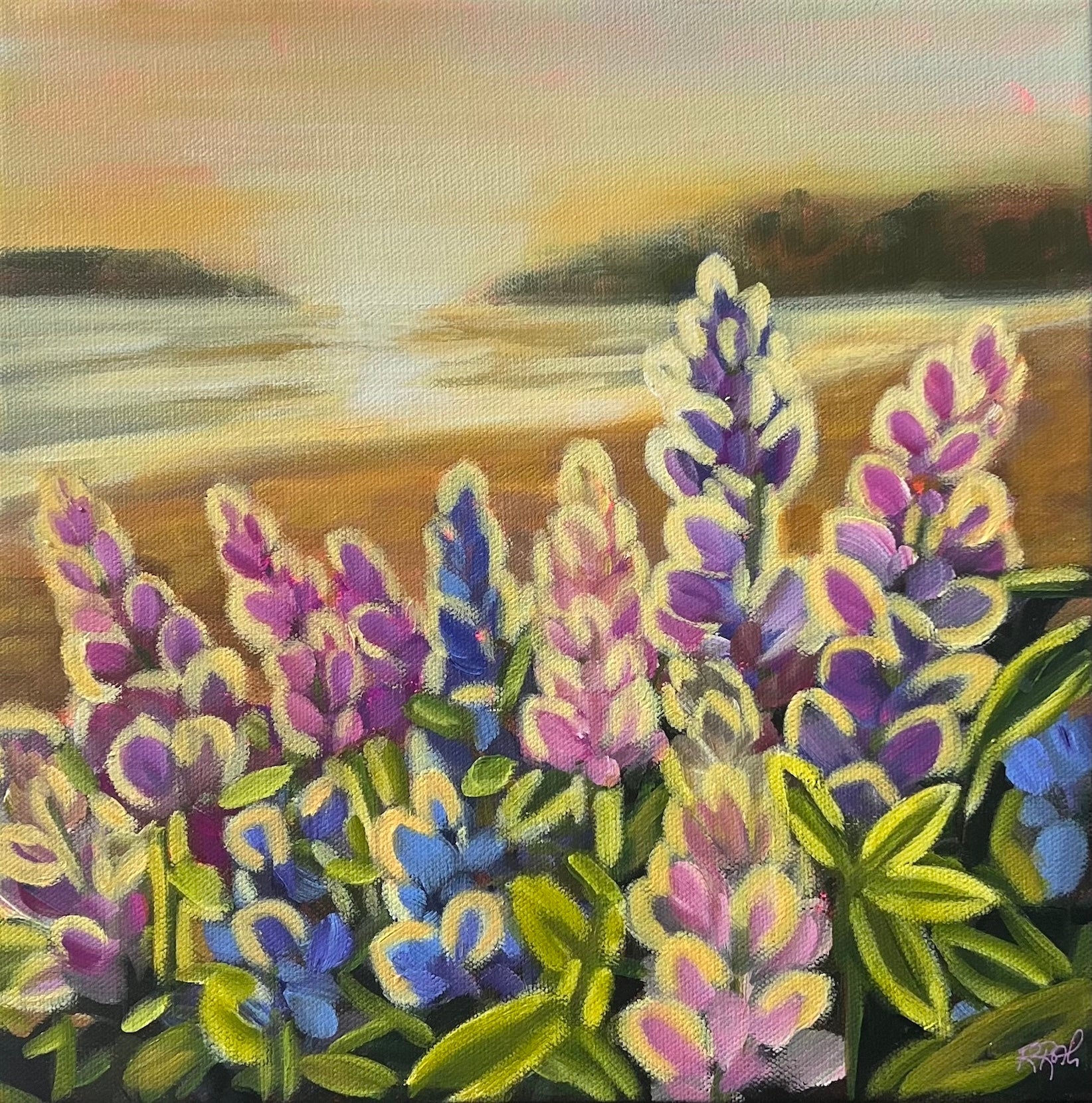 Raquel Roth - Sunrise Lupins - Acrylic on canvas with solid dark green sides, gloss varnish.
