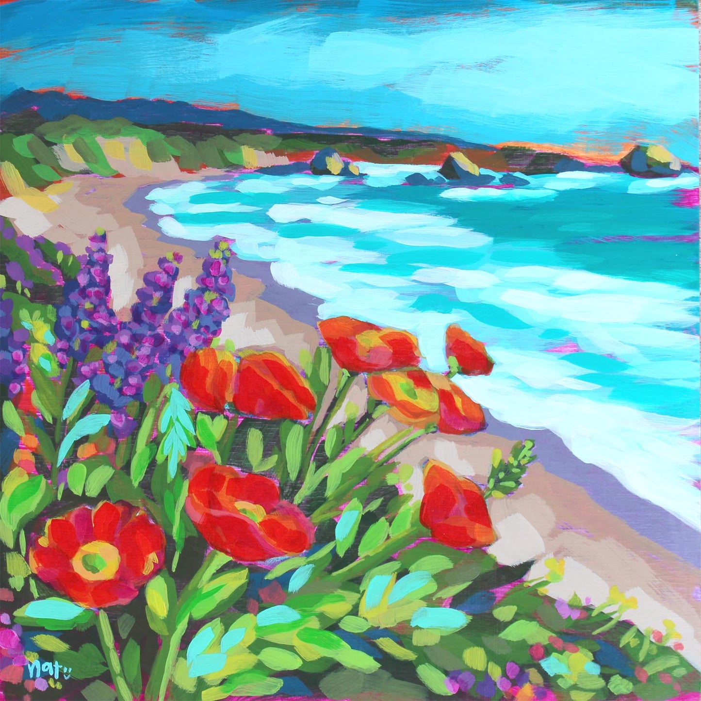 Natalie Shaw - Beach Flowers - Fluid Acrylics on Wood Panel